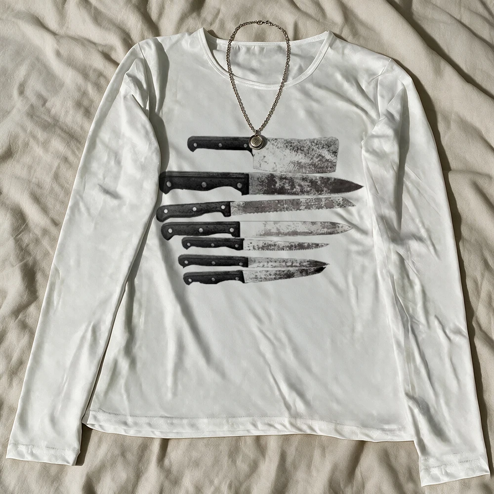Vintage Y2K Women Long Sleeve Tee Retro Chef Knives Graphic Dark Aesthetic Slim Crew Neck Shirt