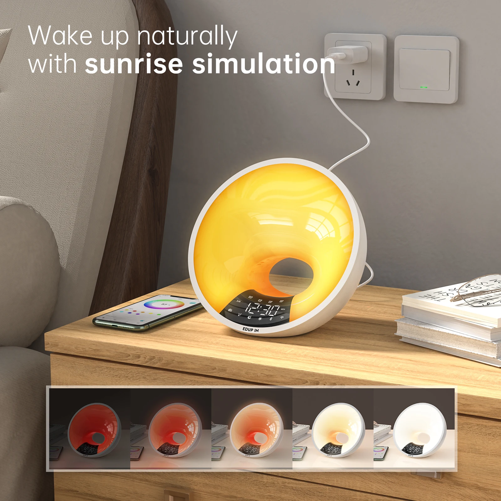 

Pop Wake Up Light Alarm Clock WiFi Smart APP Sunrise Clock FM Radio Alarm Clock Adjustable Light Bluetooth-compatible Speaker