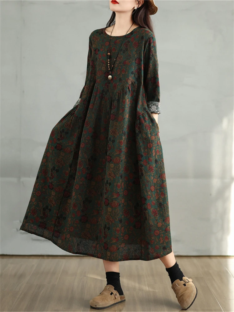 Cotton Vintage Print Floral Dresses 2026 Women Spring Autumn Casual Loose Long Sleeve Dress Femme Robe Vestidos Elegant Clothing