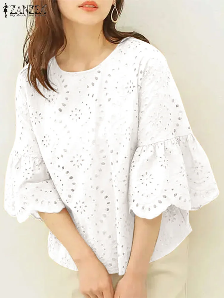 Elegant Lace Crochet Blouse ZANZEA Women Summer Tops 3/4 Sleeve Patchwork Blusas Female Holiday Shirt Stylish Work OL Tops 2024