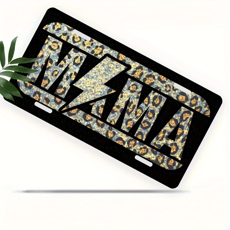 2D flat Mother'S Stylish Aluminum License Plate Frame with a Leopard Print Design, Measuring.It Features Golden Accents And Is