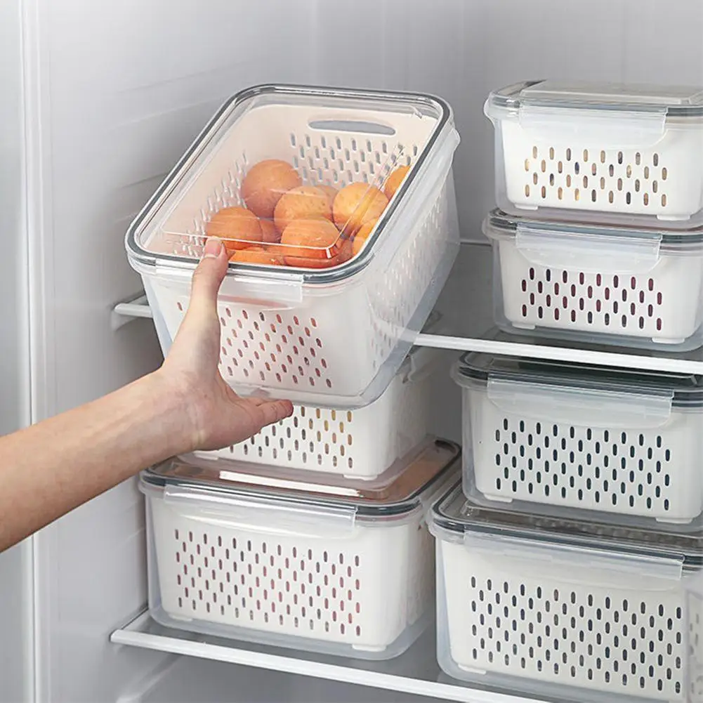 Caja de almacenamiento para refrigerador, organizador de frutas y verduras frescas, cesta de drenaje, contenedores de almacenamiento, despensa,