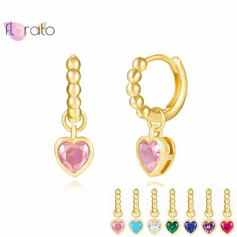 

925 Sterling Silver Needle Pink Zircon Heart Charm Hoop Earrings For Women Colombia Minimalist Gold Earrings INS Wedding Jewelry