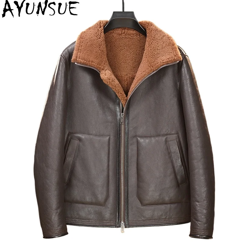 

AYUNSUE масляный воск натуральный мех мужская одежда 2025 зимние тяжелые куртки из натуральной овчины мужские теплые коричневые меховые пальто