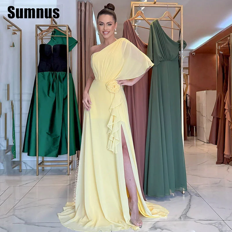 

Sumnus Элегантные вечерние платья трапециевидной формы желтого цвета с разрезом по бокам на одно плечо Вечерние платья فساتين سهرة по индивидуальному заказу