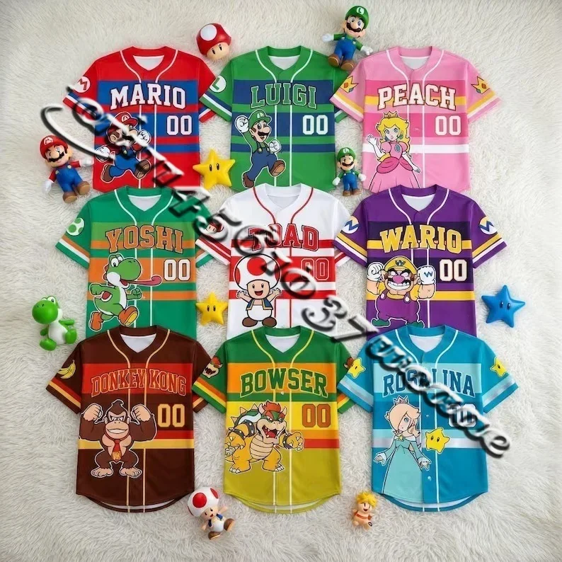 Camiseta de béisbol con temática de Mario y Donkey Kong de Bandai Movie Game, camiseta deportiva con todos los personajes, camiseta oversize de verano para adultos, a juego para la familia