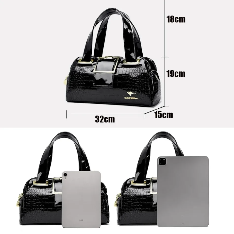 Luxury Designer 3 Layers Purses and Handbags Patent Leather Top-Handle Bags for Women Female Crocodile Pattern Casual Tote Sac