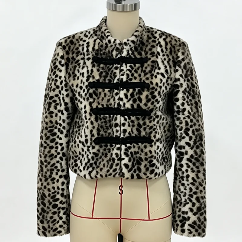Damen Leoparden-Kunstpelz-Kurzjacke Vintage Stehkragen Knopf-Kurzmantel Langarm-Oberbekleidung 2026 Neue Street-Lady-Jacken – Detail 2