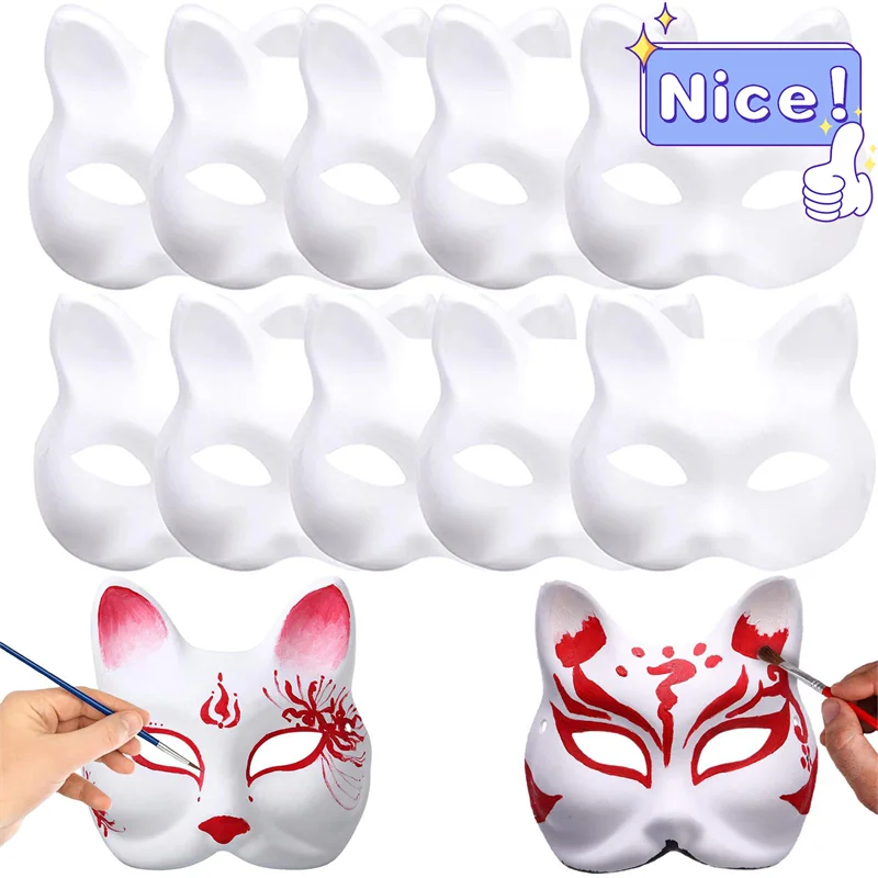 Máscaras térmicas con correas para Halloween, máscaras de gato blanco en blanco, máscara de media cara de Animal para fiesta de Cosplay, 10-50 piezas