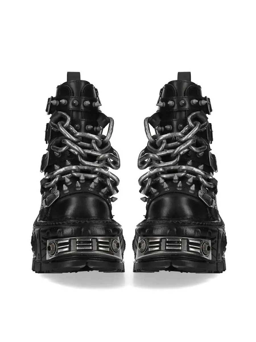 Gothic Platform Ankle Boots Spanish Rock Punk Chunky Heel Motorcycle Boots with Chains Streetwear Combat Boots for Men