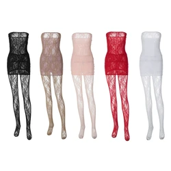 Women Lace Tights Outfits 2 Pieces Sexy Strapless Tube Top Mini Bodycon Dress and Pantyhose Stockings Set Lingerie DropShip