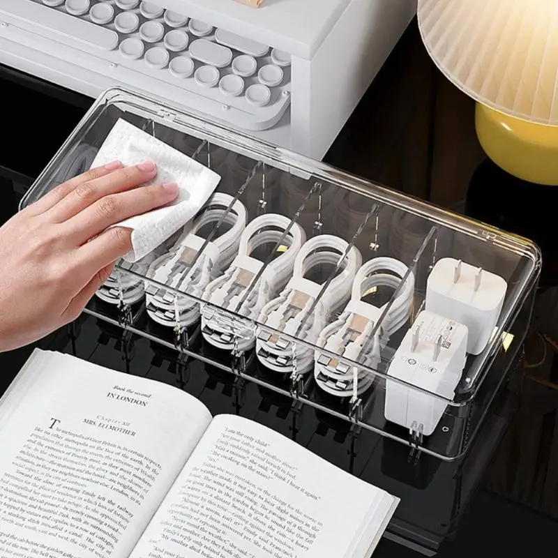 Transparent Plastic Storage Box for Data Cable and Mobile Phone Charger Organizer with Dustproof Cover For Car Desk