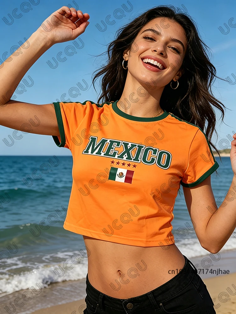 Sommerliches T-Shirt mit New-Mexico-Flagge für Damen, kurzärmeliges Crop-Top, Streetwear, Vintage-Ästhetik, O-Ausschnitt, lässige Y2k-Tops – Detail 10