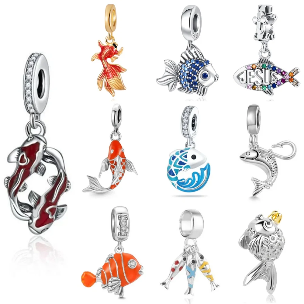 Pendentif en argent 925, poisson koi porte-bonheur, charme de poisson rouge, breloques de sirène, perle adaptée aux bracelets originaux, bijoux DIY, accessoires pour femmes, cadeau