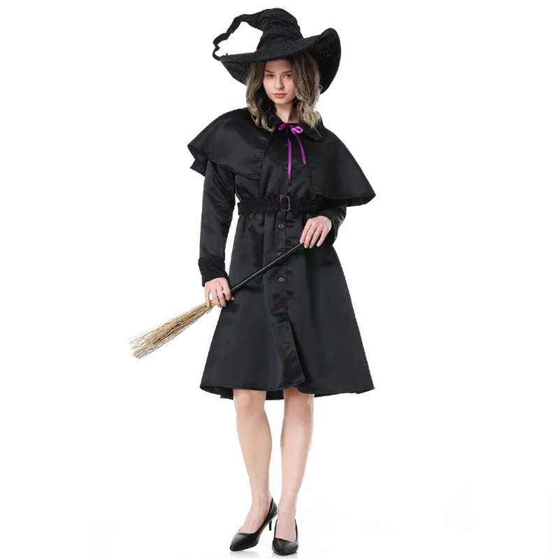 Black Gothic Women Magic Robe Sorceress Cosplay Female Halloween Witch Costumes Carnival Purim Parade Role Play Show Party Dress