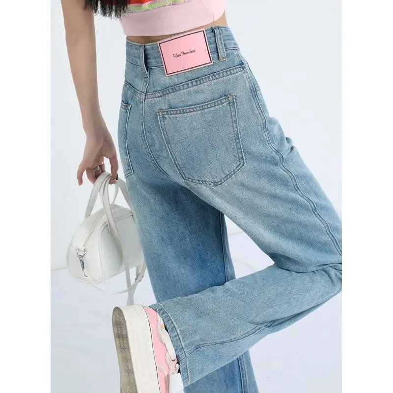 

Summer straight-leg jeans for women, high-waisted pants for petite women, narrow wide-leg pants, light blue pink brand