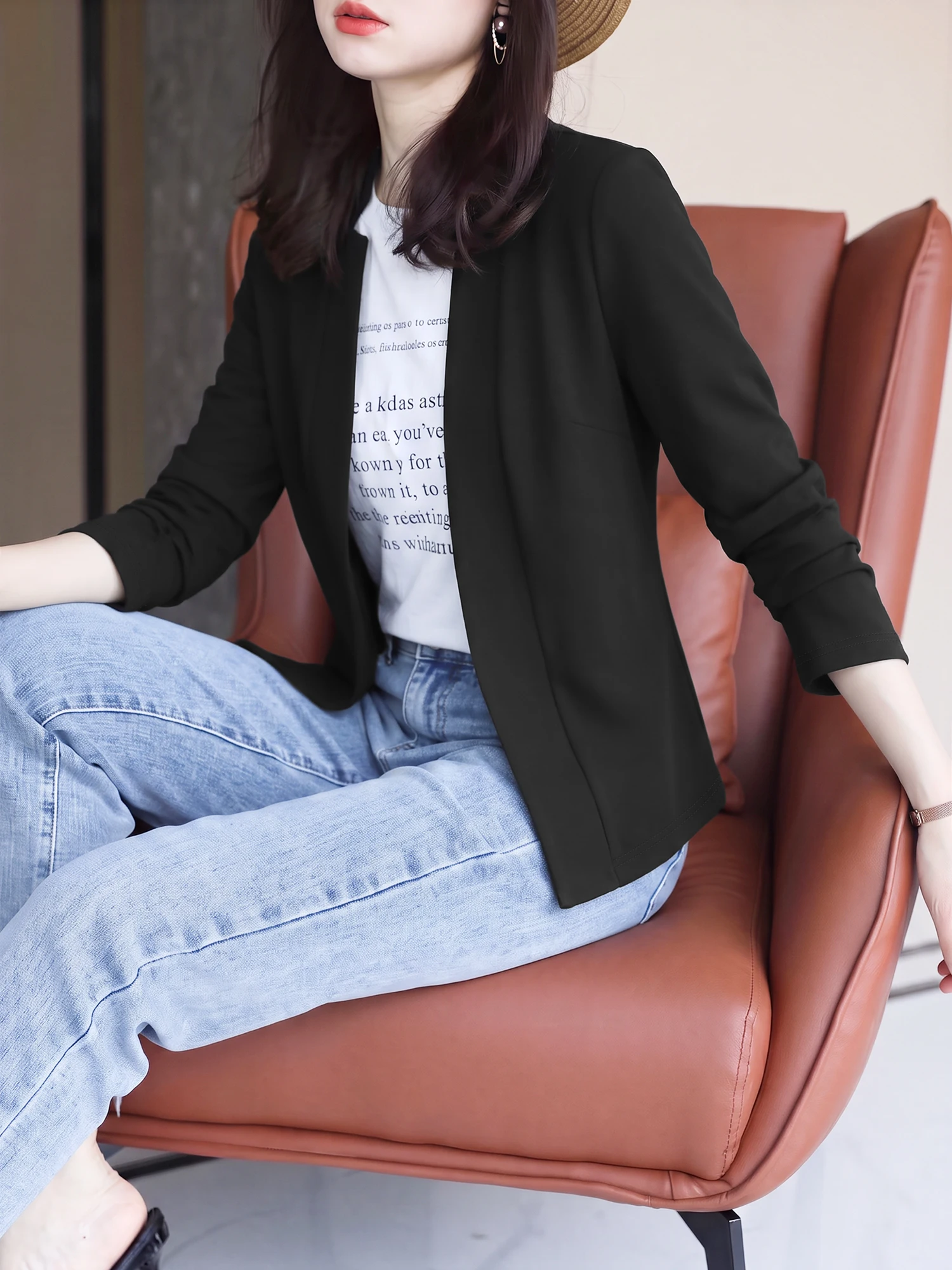Women Business Casual Open Blazer Stand Collar Long Sleeve Solid Slim Fit Lightweight Daily Commuter Ladies Jacket