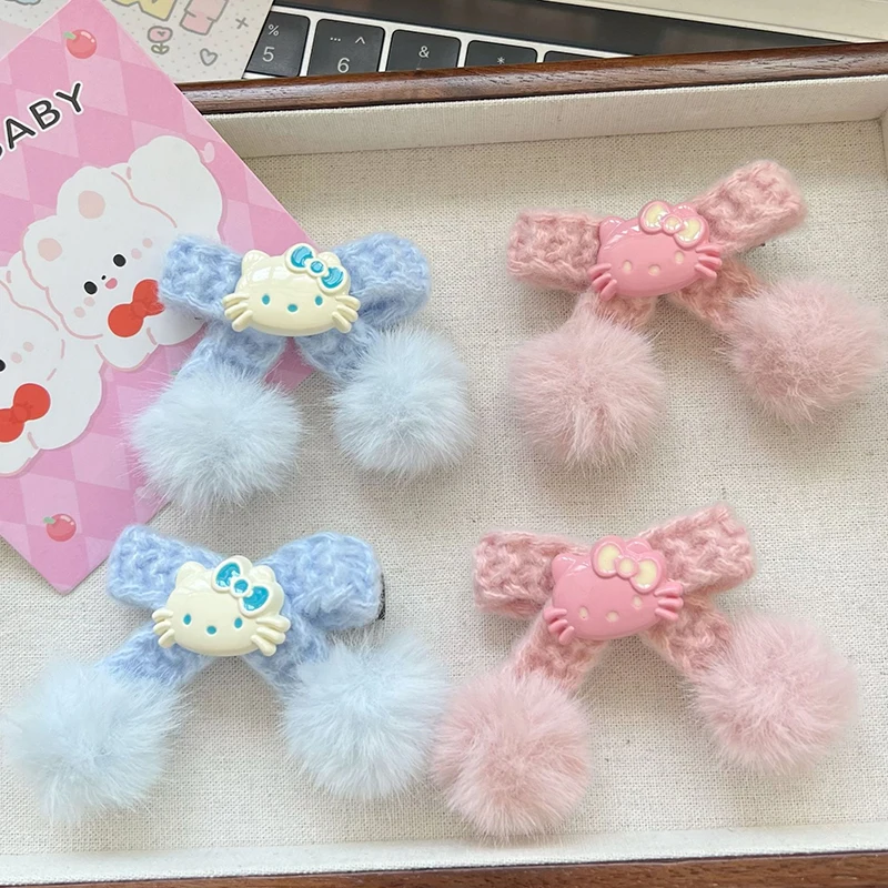 Sanrio Hello Kitty Plush Bow Hair Clip Sweet Cute Furry Ball Pink BB Clip Fashion All-match Bangs Clip For Girl Hair Accessories