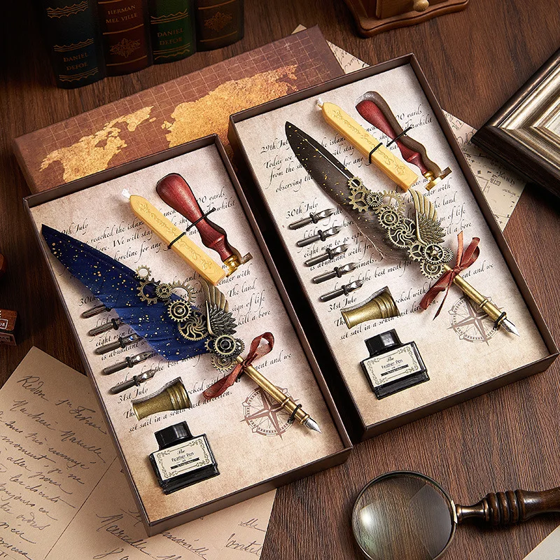 

5color Machine Feather Dip Pen Set,Replaceable 5 Nib,Ink-Containing,Sealing Wax,Seal,Art Calligraphy Signature Pen,Holiday Gift