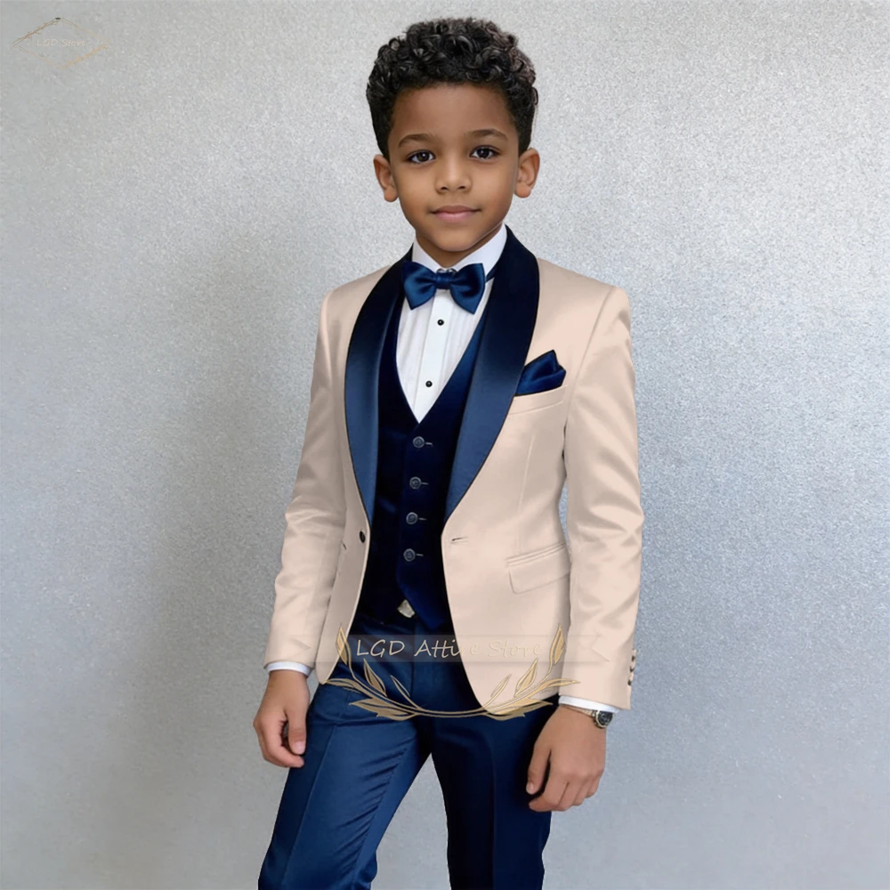 

Boys' 3-Piece Shawl Lapel Contrast Tuxedo Suit, Blazer, Vest & Trousers for Weddings, Birthday Parties & Formal Evening Galas