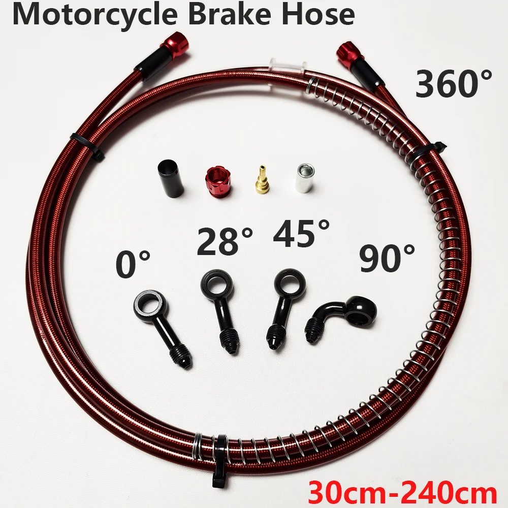 

M10 Stainless Steel Braided Red Brake Hose Suitable Motorcycles Oil hoses Clutch Pipes 360° Rotation Banjo 0 ° 28 ° 45 ° 90 °