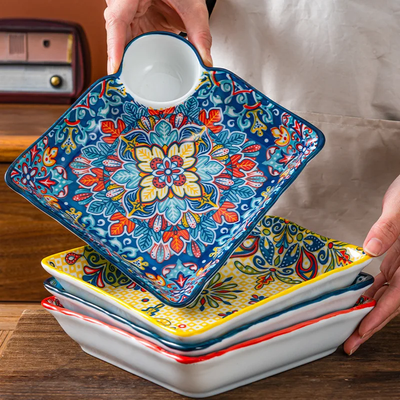 Dumpling Plate with Dipping Sauce Plate Ceramic Household Creative High-Appearance Level Tableware Divided Breakfast Fruit Plate