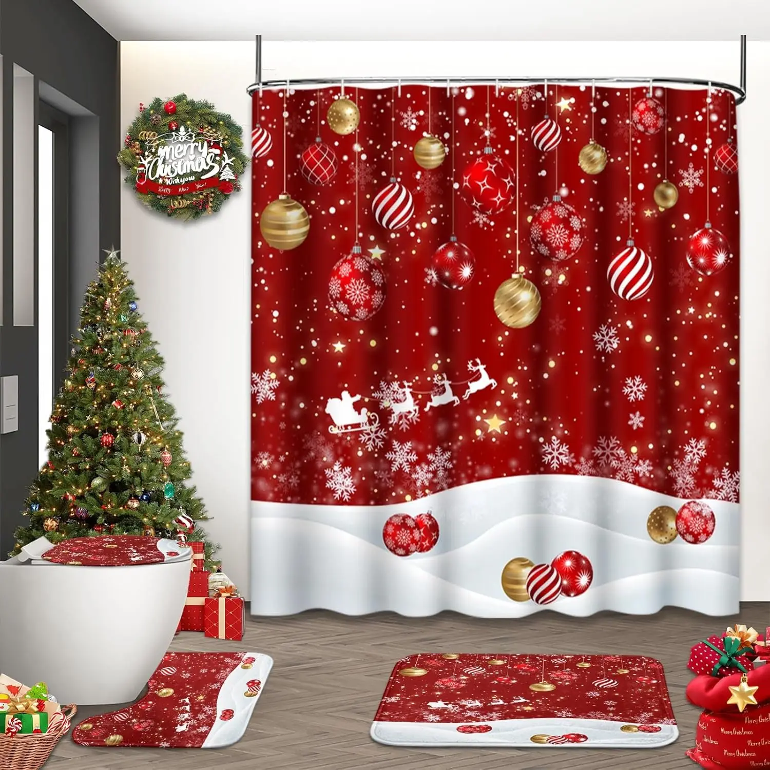 

4 Pcs Merry Christmas Shower Curtain Set,Snowflakes Red Gold Ball Deer Winter Shower Curtain with Non-Slip Rugs,Toilet Lid Cover