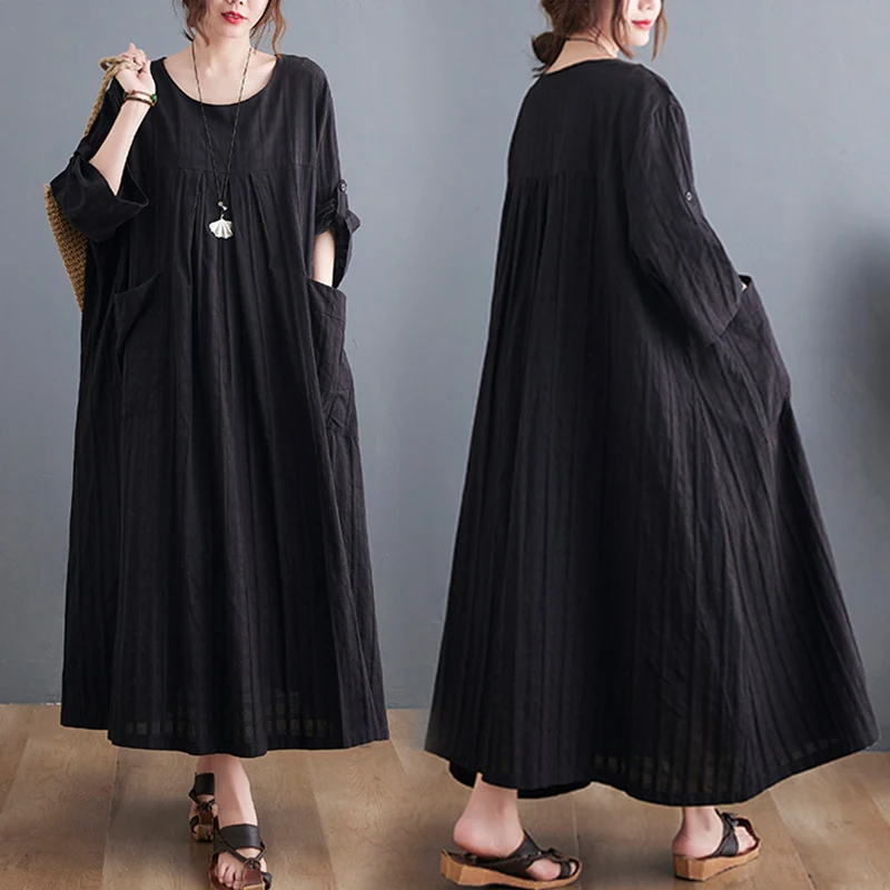 

plus Size Corduroy Plaid Dr Long Sve round Ne Double ket Loose Fit Commute Sle Thin Material Summer Dr