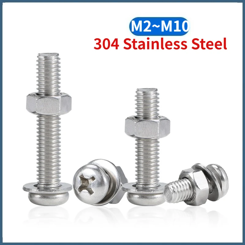 Beicai M2 M2.5 M3 To M10 SUS304 Stainless Steel Pozi Phillips Pan Machine Screws With Hexagon Nuts & Flat Washer Combination