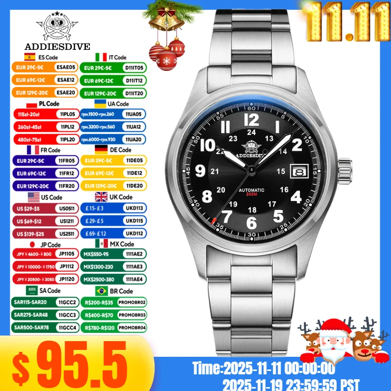 

ADDIESDIVE AD2048 Men's Watch Sapphire Crystal Leather Strap 20Bar Diving BGW9 Super Luminous Automatic Mechanical Watches