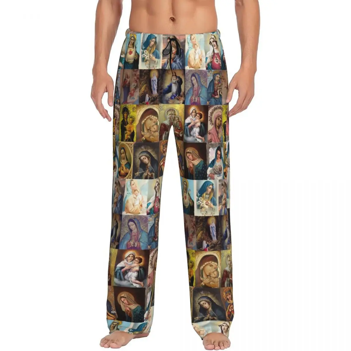 Custom Printed Men Virgin Mary Pajama Pants Catholic Christian Sleepwear Sleep Lounge Bottoms with Pockets