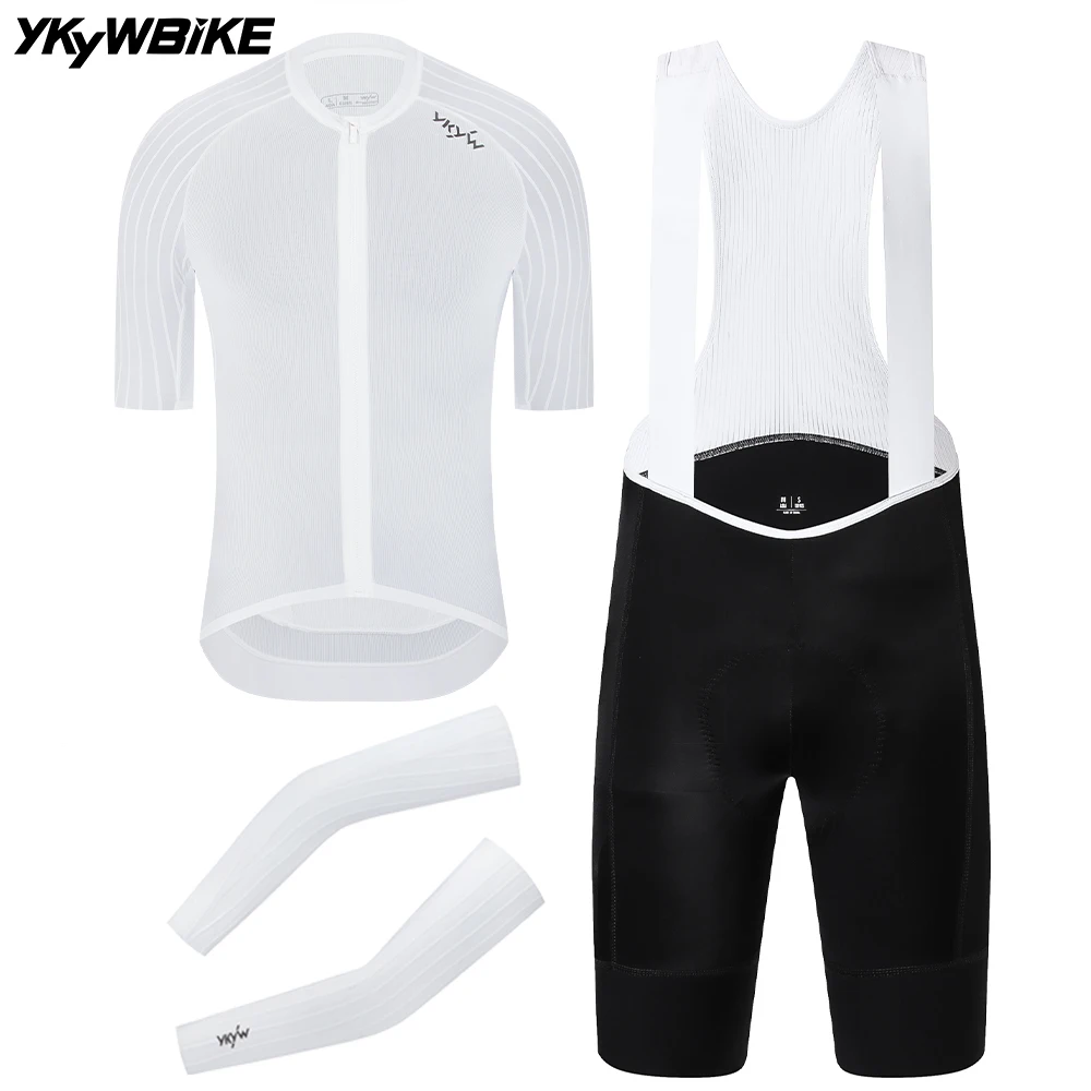 YKYWBIKE Ribbed Aero Cycling Clothing 3-Piece Pro Cycling Kit Aerodynamic Road Bike Jersey Bib Shorts Arm Sleeves Bicycle Kit