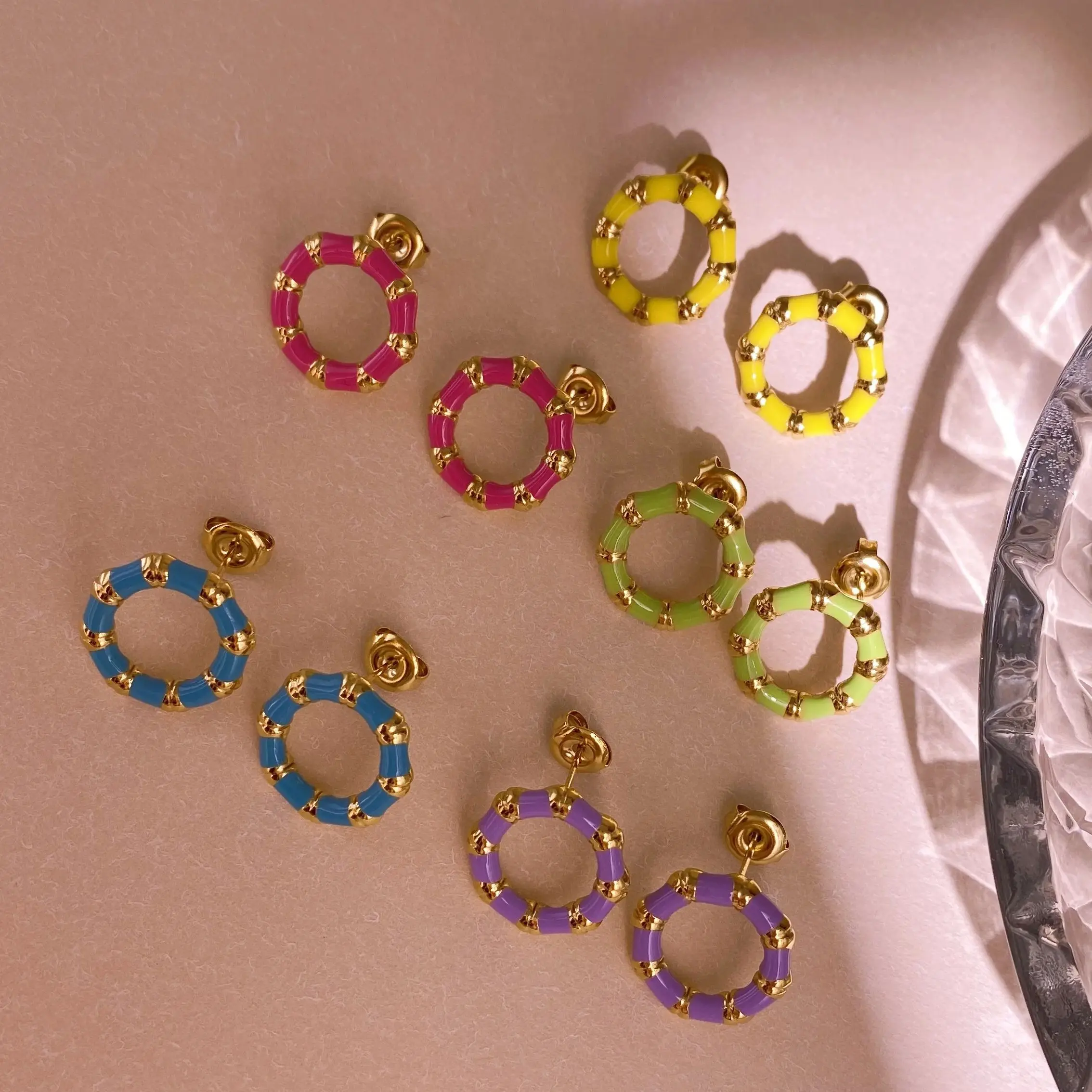 

CARLIDANA Stainless Steel Gold Plated Enamel Round Stud Earrings Muti color Oil Dripping Earrings Women Gift Trend Jewelry