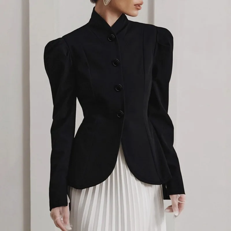 Elegant Women Stand-up Collar Black Suit Jacket 2026 Autumn Winter Puff Sleeve Office Coat French Women Slim Blazer Outerwear
