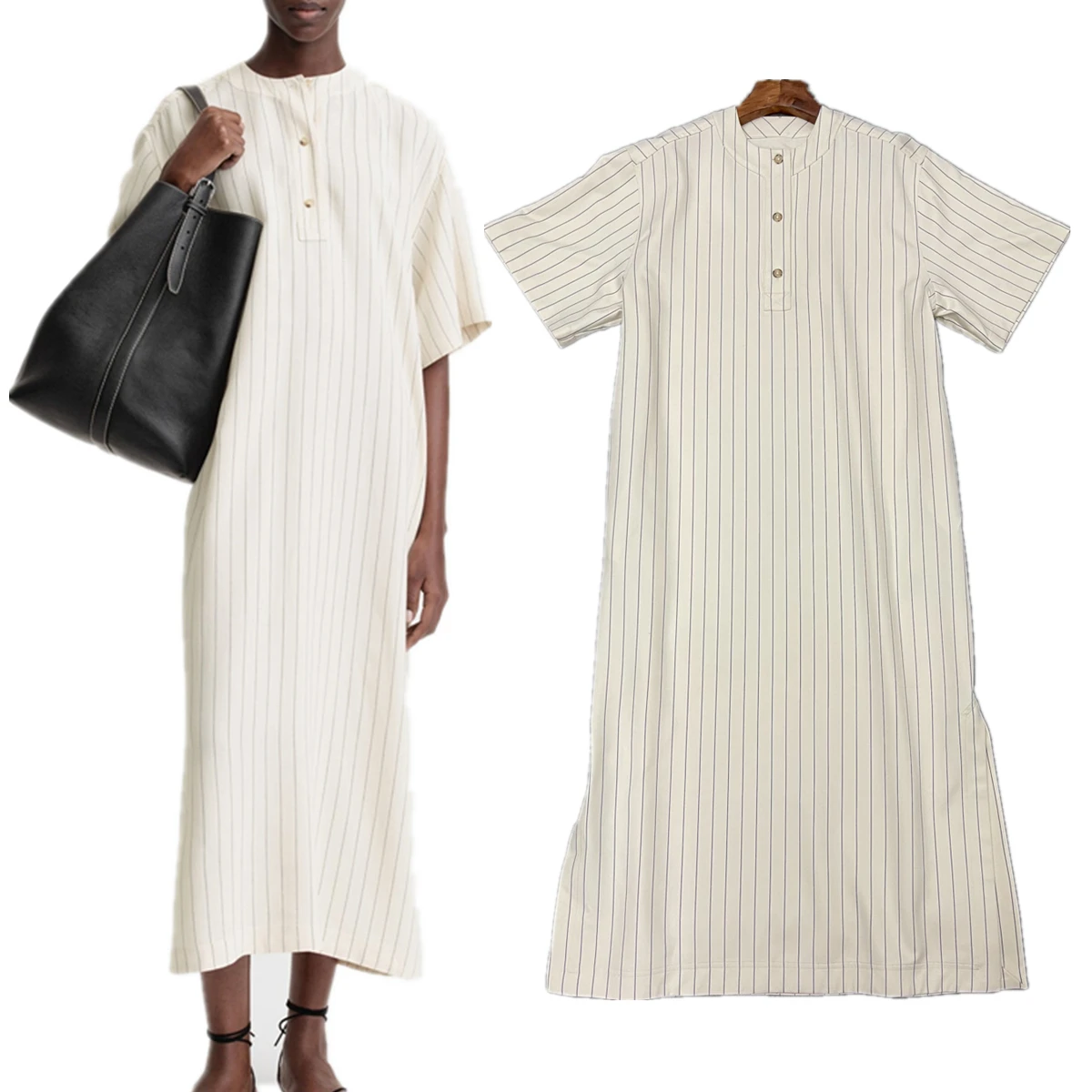 

Maxdutti French Retro Striped Slit Midi Dress Minimalist Round Neck Short Sleeved Summer Dress Women