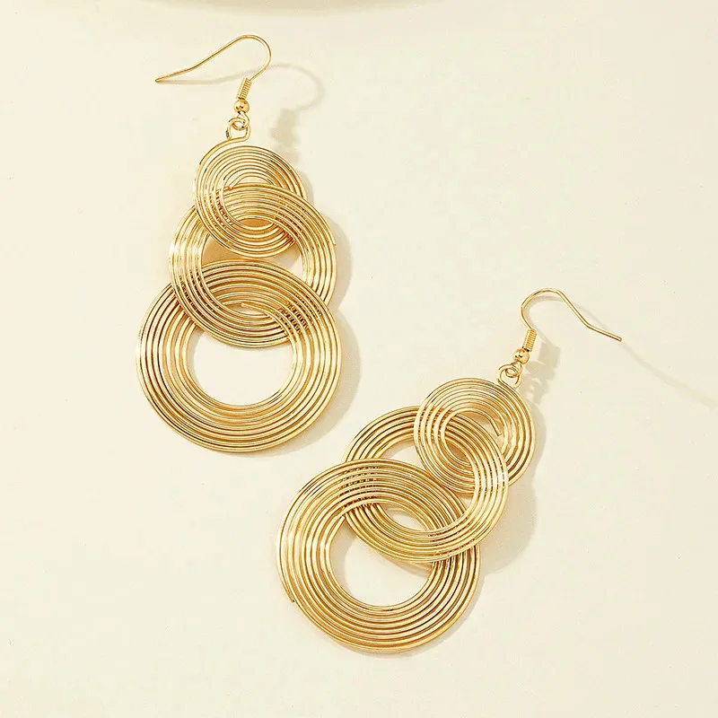 Mode exagérer trois cercles multicouches boucle d'oreille pour les femmes longue couleur or bijoux tempérament cadeau de mariage de noël