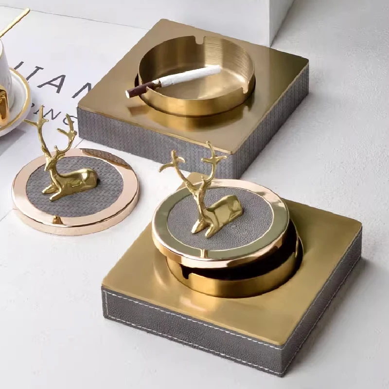 Nordic Premium Brass Ashtray Gold Deer Lid Cigar Ashtray Home Living Room Creative European Ashtray Storage Box Home Decoration