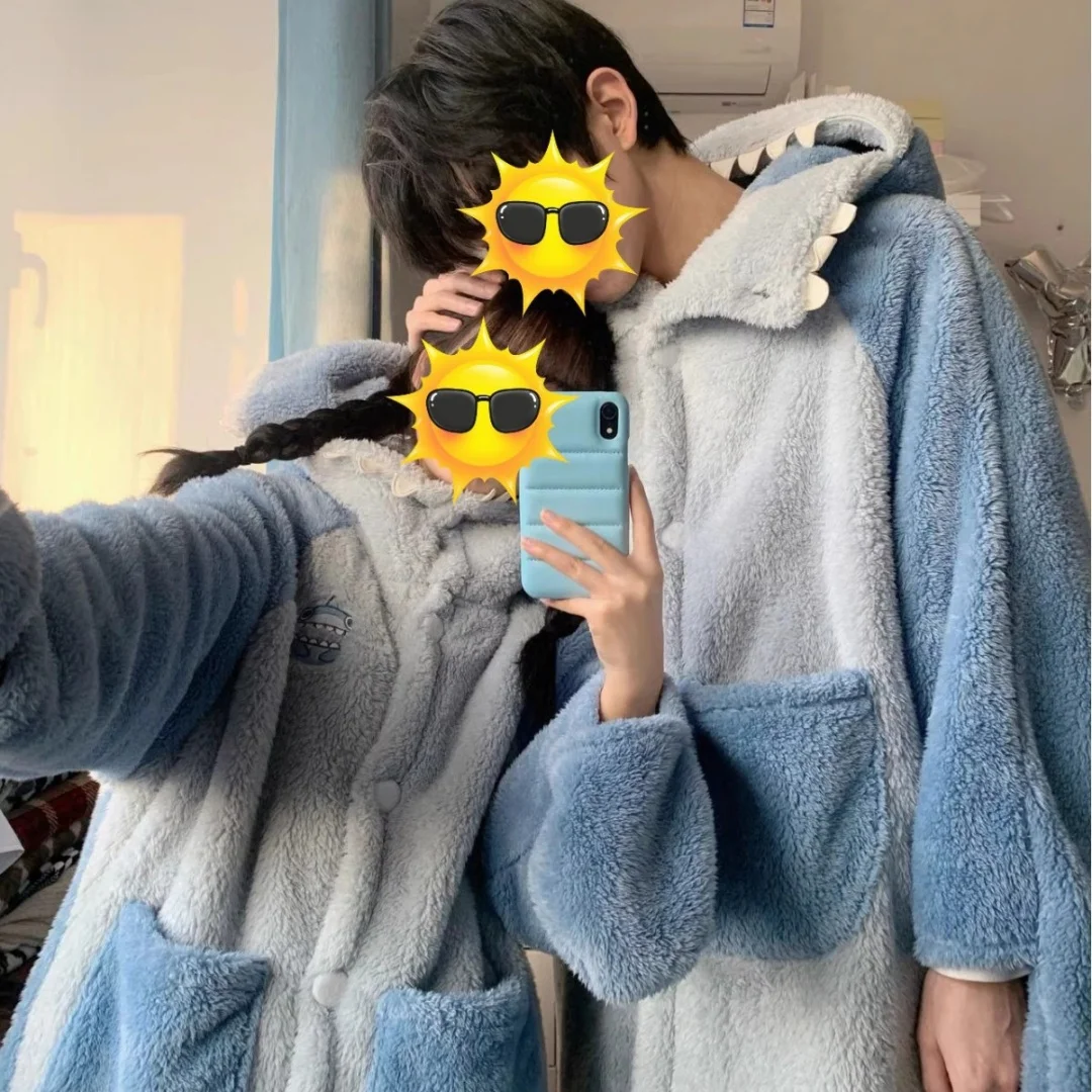 Winter Blue Shark Pajama Long Warm Coral Fleece Bathrobe Cute Funny Home Wear Set for Women Men Halloween Christmas Gifts 2
