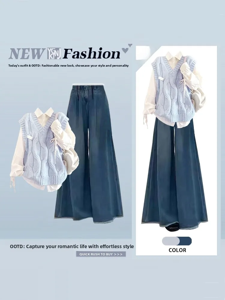 Korean mat Winter Blue Knitted Tank Top irt Slim Wide Leg Jeans Set Women's Faion Casual High Waist V-Ne Long Sl...