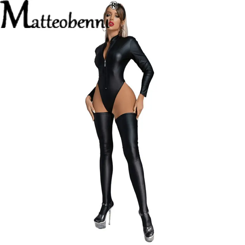 Women Long Sleeve PU Faux Leather Latex Bodysuit + Stocking Sexy High Cut Lingerie Sexy Catsuit One Piece Thong Stage Wear