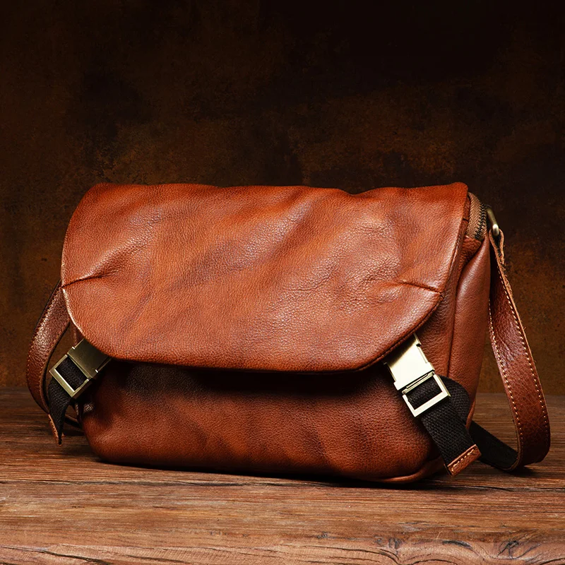 Functional Messenger Bag Men's Ins Style Leather Shoulder Bag Retro Men's Casual Vegetable Tanned Leather Messenger Bag