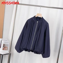 Women Bomber Jacket  2024 New Autumn Feamle Casual Loose Dark Blue Long Sleeve Zipper Coat Tops