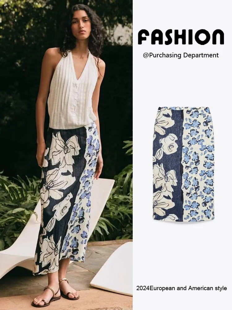 

Summer New Arrival Women's Versatile Slimming Silk Satin Print Midi Skirt f-length Skirt 3666 Ethnic Stage Costume