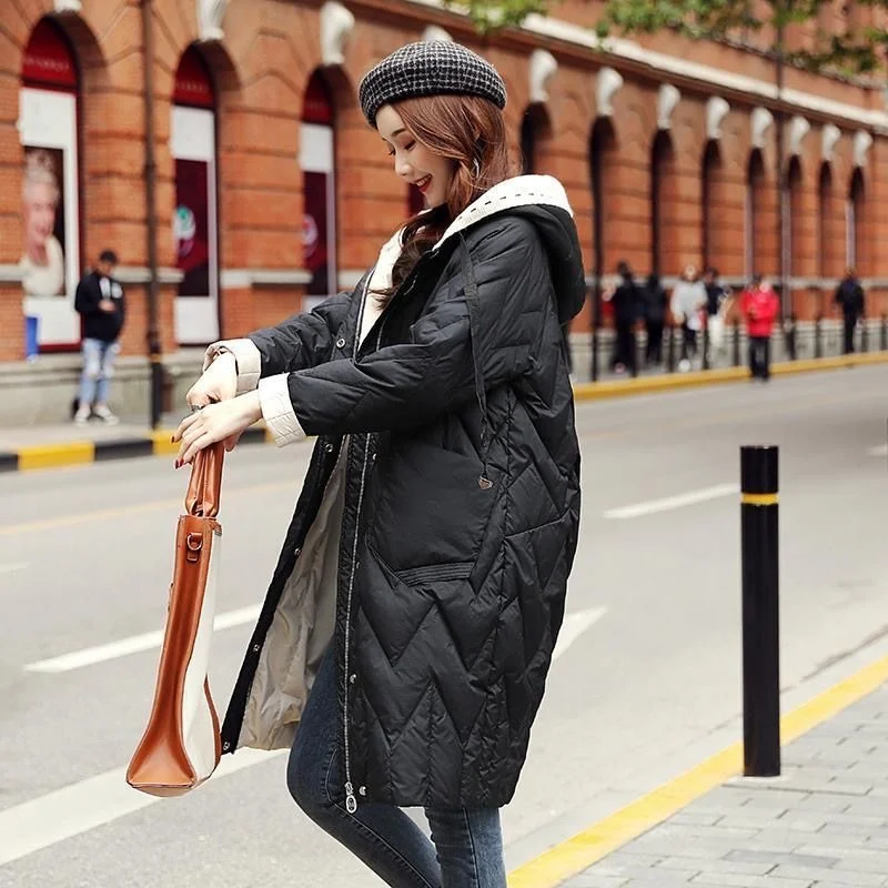 Fashion Duck Down Jacket Women Winter Quilted Warm Thick Hooded Coat Casual Loose Patchwork Long Female Outwear