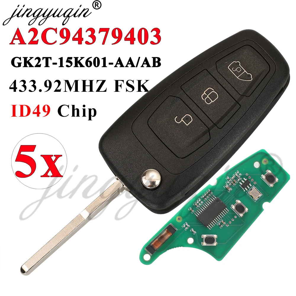 jingyuqin 5pcs 3BTN Car Remote Flip Key For Ford Tourne Transit GK2T-15K601- AB /AA 433.92MHz FSK Pro ID49 Chip : A2C94379403