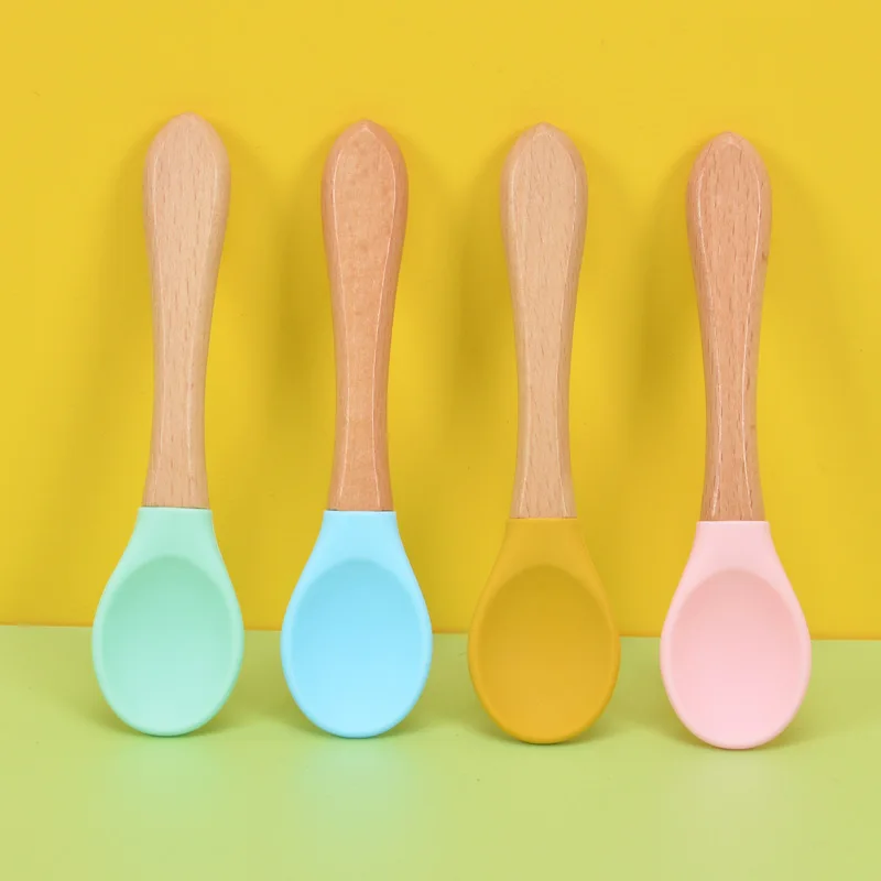 

Wooden Spoon Silicone Wooden Children Feeding Spoon Organic Soft Tip Spoon BPA Free Food Grade Material Handle Toddlers Gifts