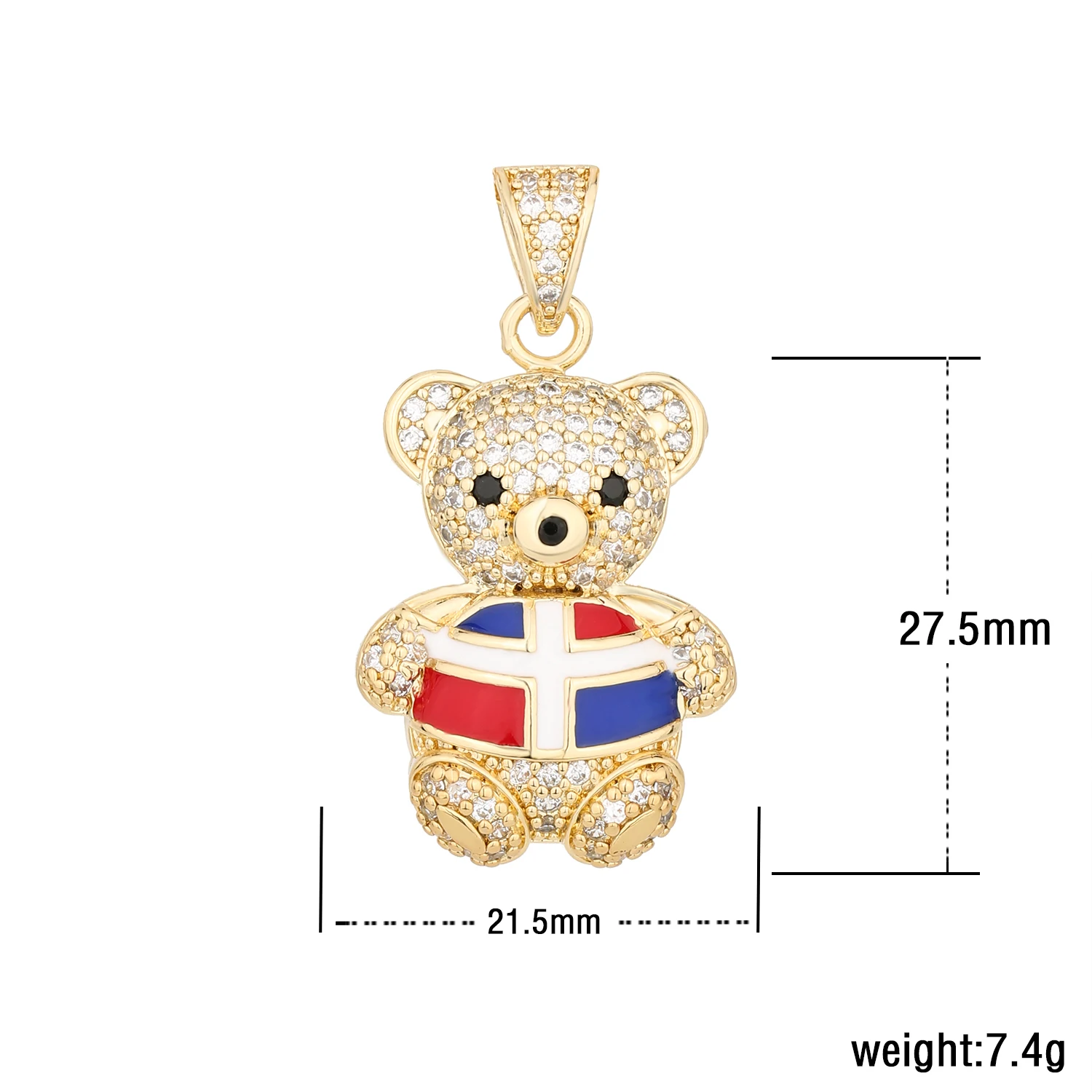 New 14K teddy bear pendant Dominican flag crystal stone copper material 14k gold wholesale price jewelry