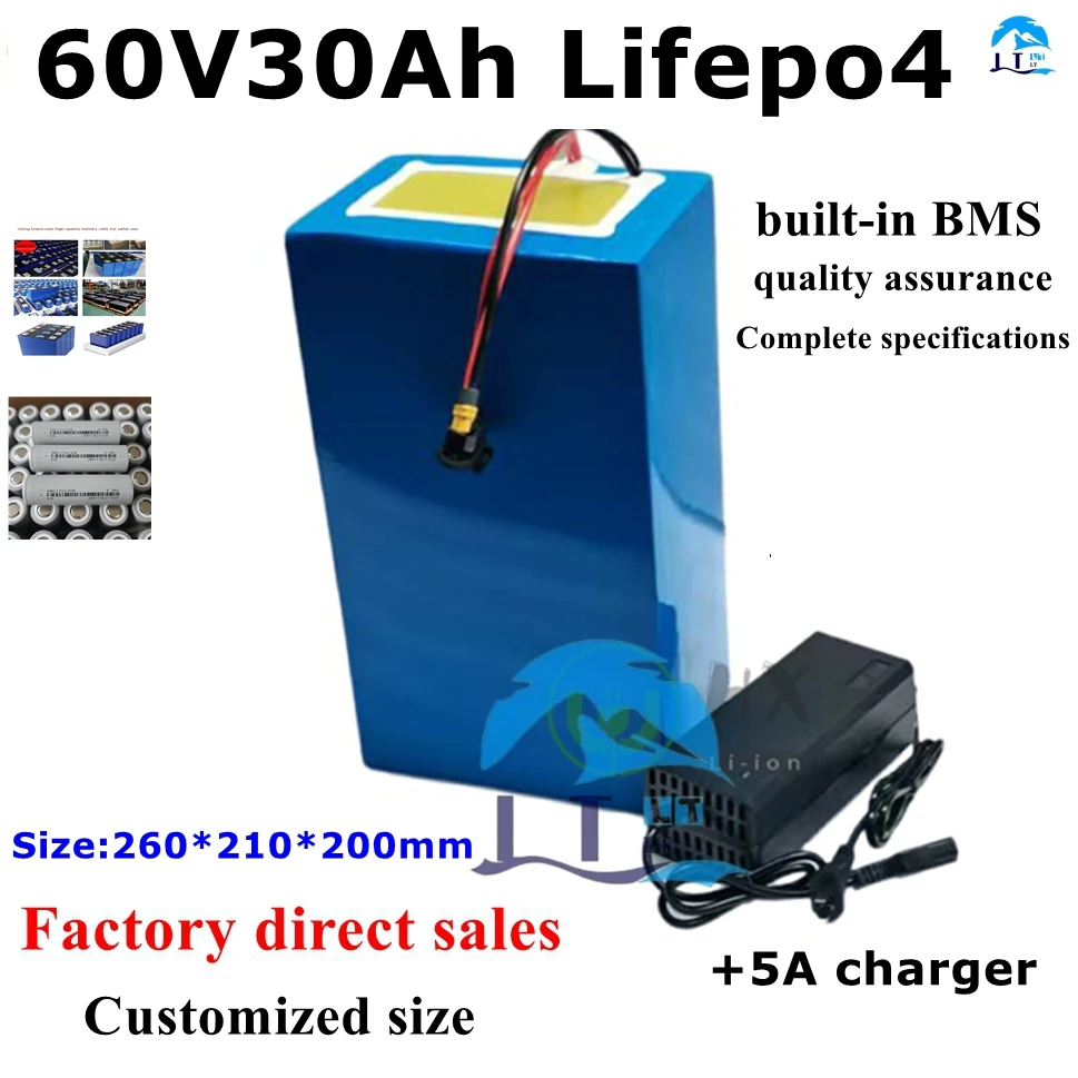 Batterie Portable avec BMS pour Vélo Électrique, Scooter, Moteur Lifepo4 1200W 4000W, Chargeur 5A, 60V, 30AH, VeFePO4