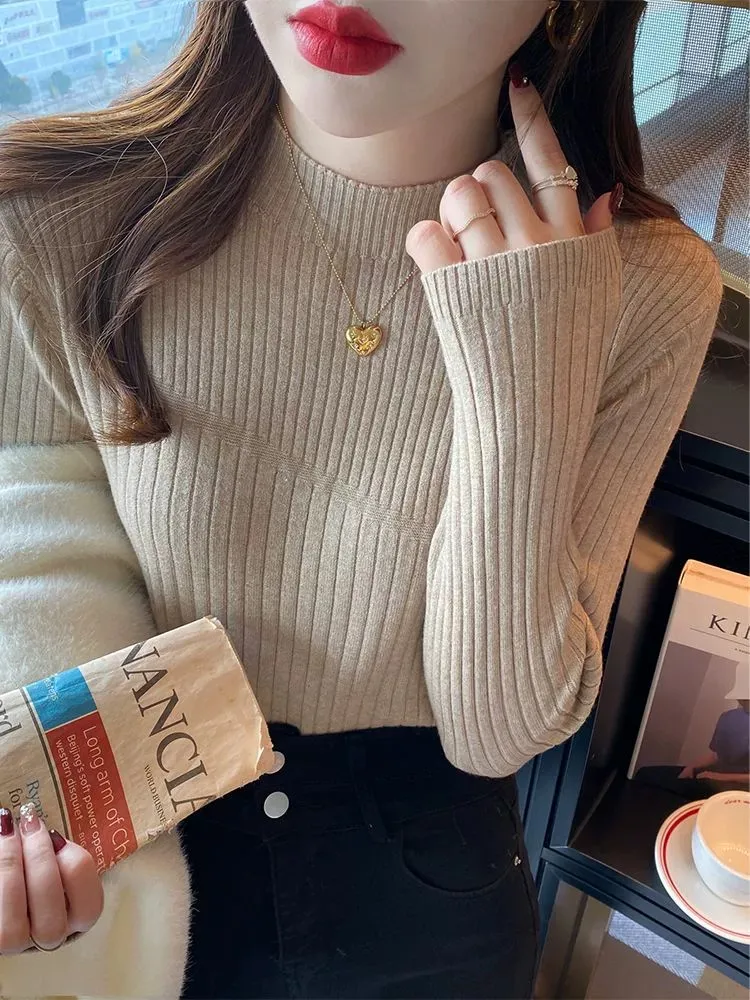 Vintage Basic ถักเกาหลีผู้หญิงฤดูใบไม้ร่วงฤดูหนาวเสื้อกันหนาว Casual Slim เสื้อกันหนาว Simple Chic Pullovers