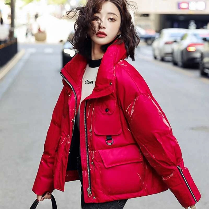 

2022 Winter New Fashion Women's Clothes Glossy Short Down Padded Jacket Ladies Elegant Loose Stand Collar Cotton Padded Jacket